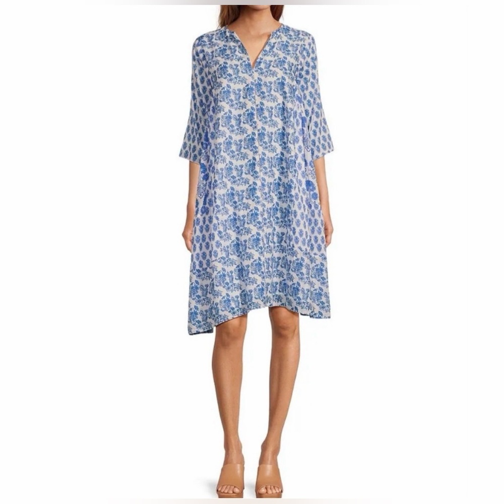 RO’S GARDEN Bhopali Floral Print Split V 3/4 Sleeve Caftan Dress - XS
